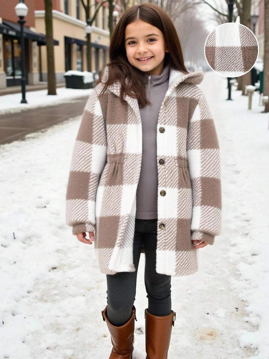 Emery Rose Kids Emery Rose Kids 青少年女孩休閒寬鬆格紋搖粒絨長袖外套 泰迪熊外套,秋冬外套,搖粒絨夾克,連帽衫,連帽夾克 - 米色 - 查看 1