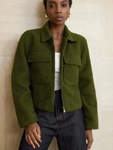 Aveloria Modichic Áo khoác động cổ lật hai túi dành cho nữ, tối giản và đa năng - màu xanh lá - Xem 5