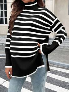 SHEIN 孕妇休闲通勤黑白条纹高领宽松落肩开衩下摆保暖毛衣，秋冬 - 黑與白 - 查看 4
