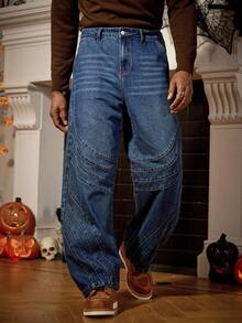 Manfinity Homme Quần jeans ống rộng dáng rộng màu xanh đậm dành cho nam - Rửa trung bình - Xem 5