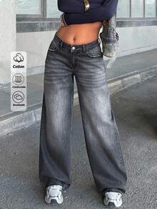 EURMUSE JEANS WIDE LEG FIT LOW WAIST CASUAL STYLE GREY WASHED - Medium Wash - View 2