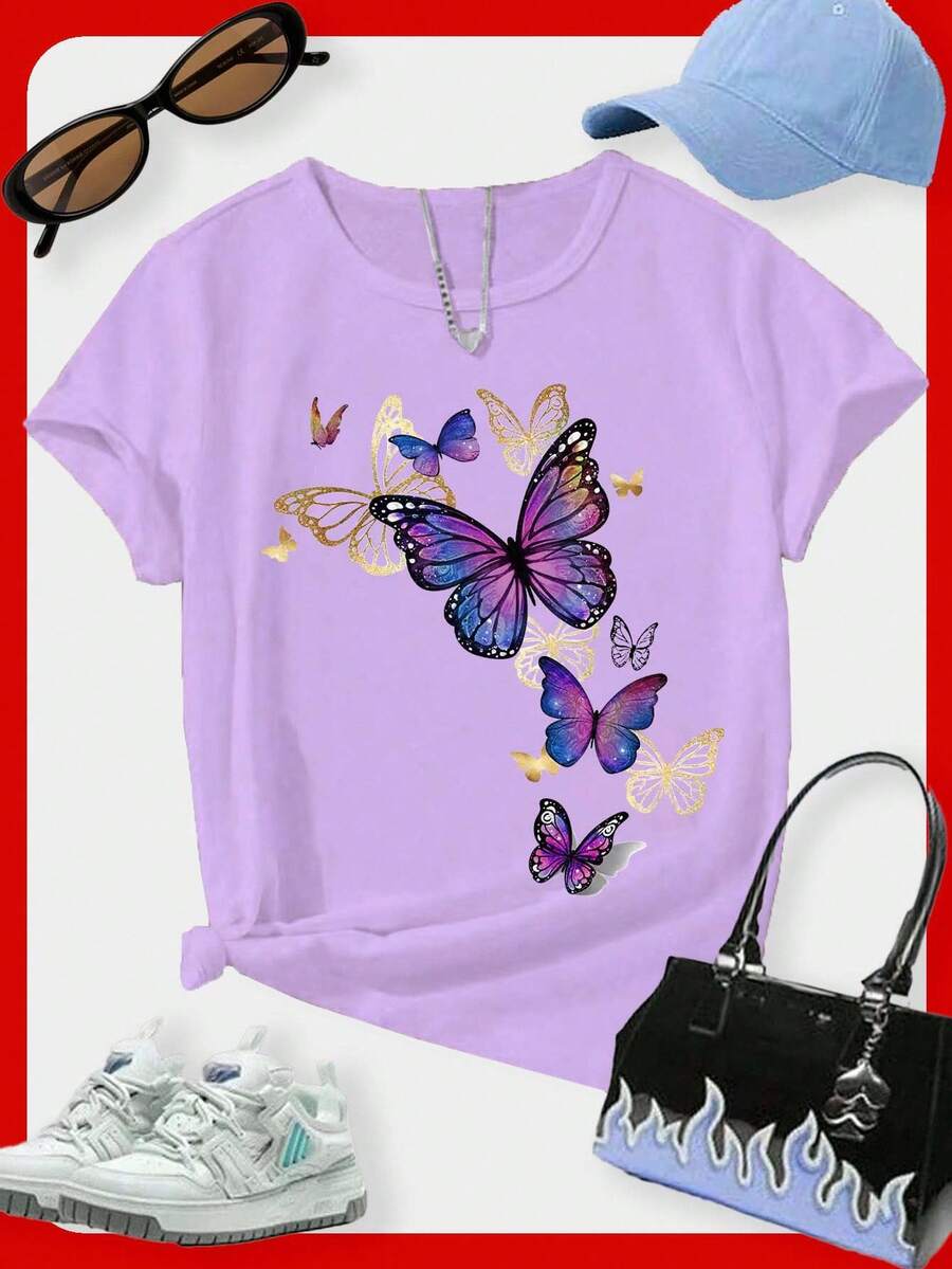 SHEIN Tween Girl Butterfly Print Round Neck Short Sleeve Casual T-Shirt - Purple - View 1