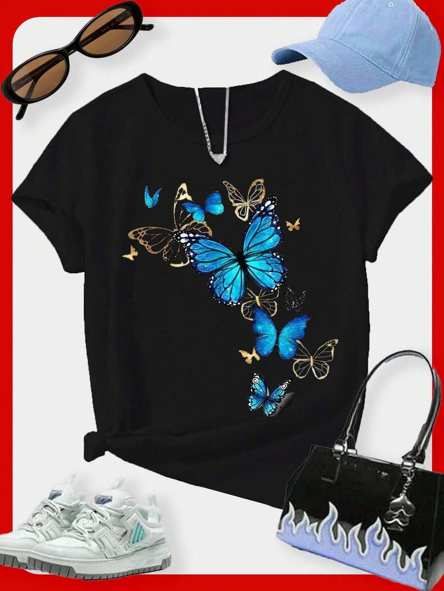 SHEIN Tween Girl Round Neck Short Sleeve Butterfly Print Simple T-Shirt, Casual Daily Wear - Black - View 1