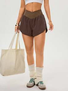 Core Rhythm Casual Versatile Asymmetrical Yoga Shorts Athletic Shorts Loose Workout Shorts Brown Workout Shorts - Brown - View 6