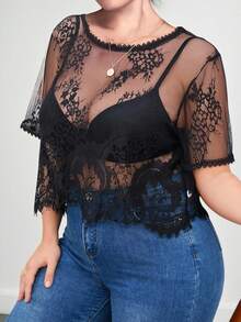 Elenzga Plus Guipure Lace Trim Mesh Top Without Bra - Black - View 1