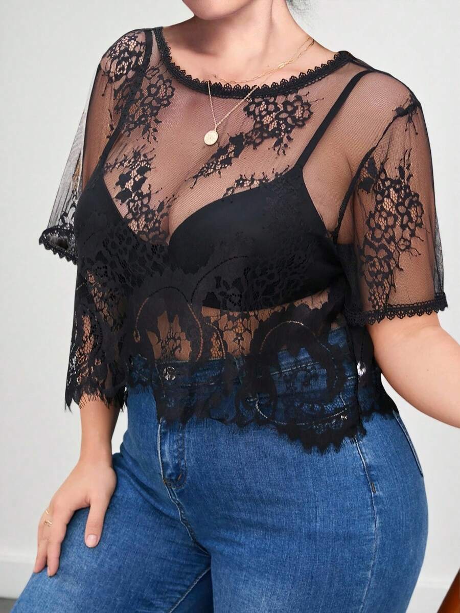 Elenzga Plus Guipure Lace Trim Mesh Top Without Bra - Black - View 1