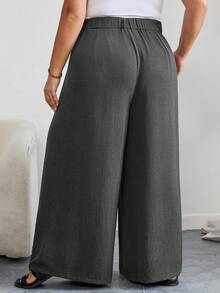 SHEIN CURVE+ Curves 大码/学校服装/返校服装/返校大码女士办公室服装，黑色高腰直筒休闲裤，简约时尚，适合日常穿着