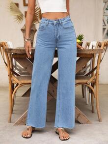 EMERY ROSE 女式休闲百搭直筒纽扣口袋牛仔裤 - 淺色水洗藍 - 查看 7