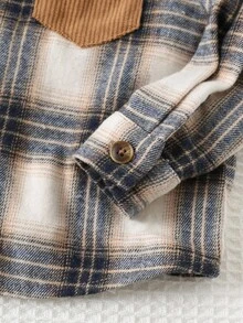 Cozy Pixies 2 件套男婴彩色格子领撞色口袋长袖开衫和纯色松紧腰九分裤套装