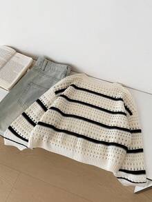 SHEIN Fashionable & Versatile Cute Round Neck Pullover Sweater For Girls Girl Knit Sweater Girls Sweater Sets Knit Sweater Striped Knit Sweater Girl Striped Sweater Fall Winter - Beige - View 3