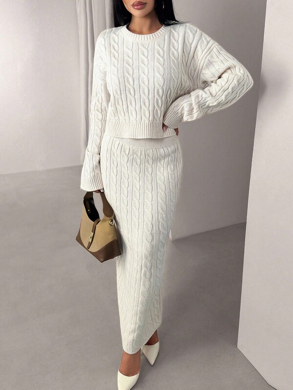 EURMUSE Women Solid Color Cable Knit Pattern Round Neck Pullover & Sweater Skirt Set Knit Modest  Sweater Set Winter Dress Knit Two Piece Set Modest Two Piece Set