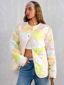 EURMUSE Graphic Print Button Front Quilted Winter Coat - Multicolor - View 5