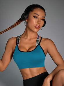 Easithlete Sexy Criss-Cross Back Letter Print Racerback Sports Bra With Adjustable Clasp Cross Back Sports Bra Color Block Sports Bra Workout Top Open Back Workout Tops Backless Open Back Gym Tops - Baby Blue - View 4