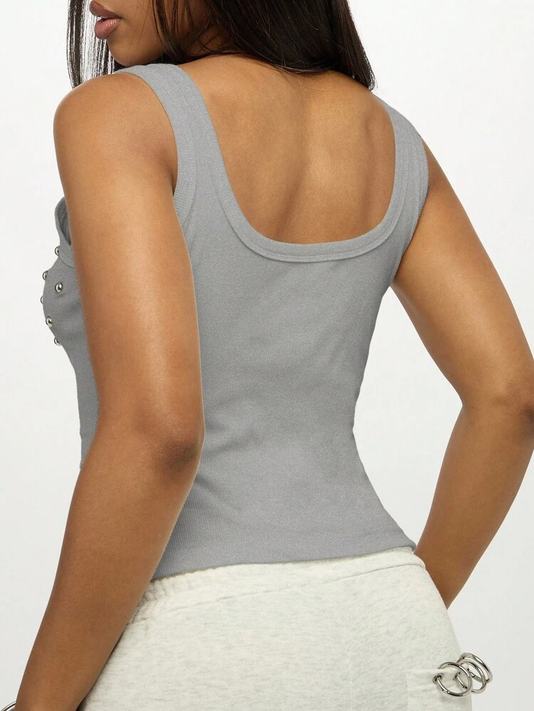 SUMWON WOMEN Ribbed Tank Top With Metallic Studs And Scoop Neck