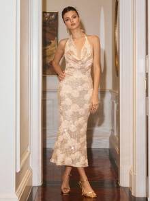 Poéselle Đầm hở lưng họa tiết hoa 3D cổ khoét sâu thanh lịch gợi cảm dành cho nữ - Vàng - Xem 6