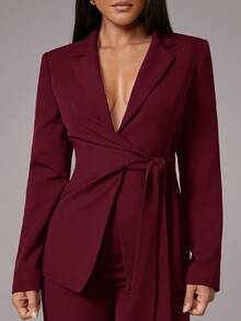 Silquee Traje de chaqueta y pantalones de unicolor con cuello de solapa, manga larga, nudo lateral, elegante para ir al trabajo, adecuado para cóctel, cita romántica, fiesta básica de otoño/invierno, fiesta formal, boda - Burdeos - Ver 7