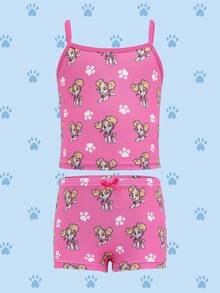 SHEIN | PAW Patrol 年轻女孩可爱卡通狗印花吊带背心和内裤套装 - 粉色 - 查看 11