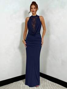 SHEIN BAE 黑色蕾丝低胸紧身连衣裙，黑色蕾丝连衣裙 - 藏蓝色 - 查看 4