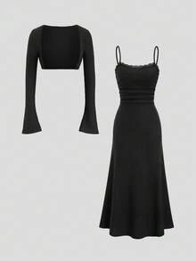 Sweetra 2 件女式休闲街头风格罗纹长袖开衫和修身褶边蕾丝吊带裙套装，黑色，保暖内衬，适合春季、秋季、冬季 - 黑色 - 查看 1