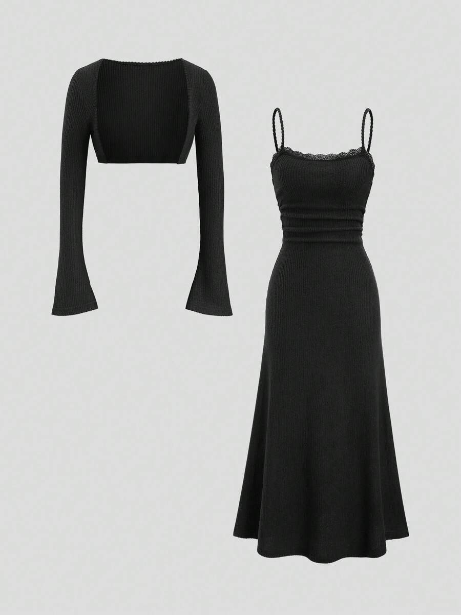 Sweetra 2 件女式休闲街头风格罗纹长袖开衫和修身褶边蕾丝吊带裙套装，黑色，保暖内衬，适合春季、秋季、冬季 - 黑色 - 查看 1