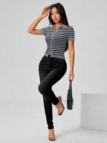 SHEIN PETITE Áo len cài nút kẻ sọc cổ tròn dành cho nữ - Nhiều màu - Xem 3