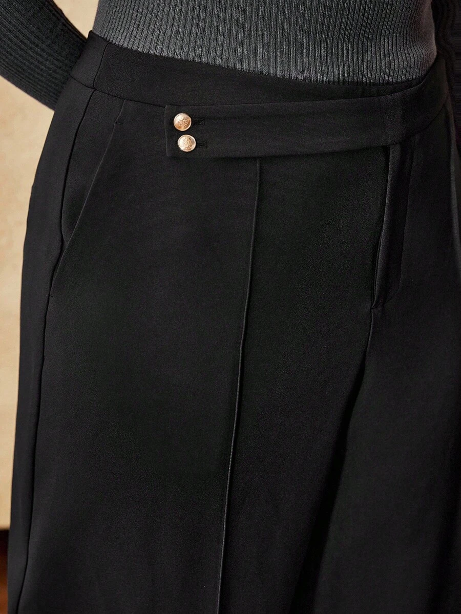MOTF PREMIUM PLUS SIZE WOMEN'S SOLID MINIMALIST STRUCTURED DESIGN SEAM FRONT WIDE LEG PANTS - Black - View 2