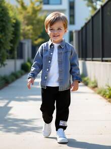 SHEIN 2 件套年轻男童蓝色水洗双面领厚衬衫上衣和羊毛运动裤套装，休闲运动校园风格，适合居家和户外穿着 - 彩色 - 查看 2