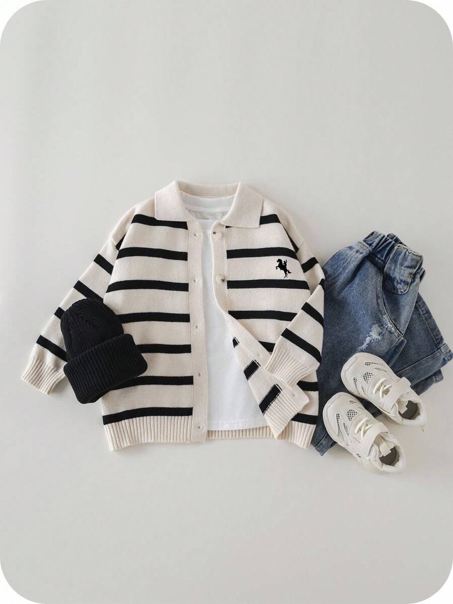 SHEIN 1 Stück Lässiger, süßer und stilvoller koreanischer gestreifter Langarm-Strickjacken-Pullover für Kleine Jungen, geeignet für Ausflüge, Schule, Urlaub, Herbst/Winter