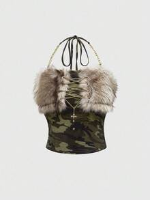 ROMWE J-Fashion Shibuya Girl Y2K 复古迷彩拼布磨边金属链吊带上衣和超低腰迷你裙两件套 - 彩色 - 查看 8