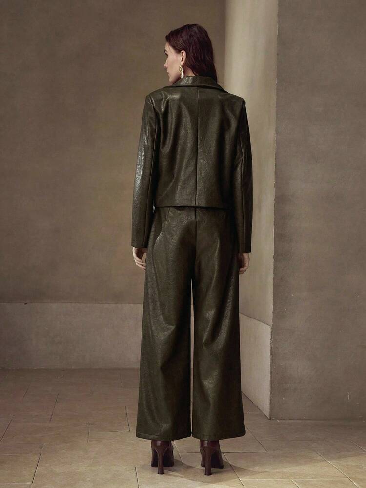 PU LEATHER DOUBLE BREASTED JACKET & WIDE LEG PANTS SET