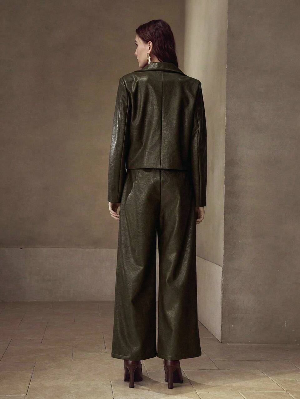 PU LEATHER DOUBLE BREASTED JACKET & WIDE LEG PANTS SET