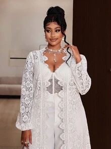 Maweii Plus Size Women Lantern Sleeve Open Front Lace Elegant Long Cardigan - White - View 3