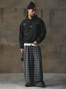 AXEPEAK 男士休闲日常格子阔腿裤，秋季 - 藏蓝色 - 查看 6