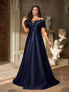 Aureia Đầm maxi dáng chữ A dài tay, trễ vai, chất liệu satin co giãn, sang trọng, thêu ren tinh tế, cỡ lớn, thích hợp cho đám cưới, tiệc tùng, kỳ nghỉ, dạ hội, ngày Valentine. - Màu xanh hải quân - Xem 5