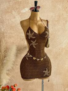 Soleia 女式性感吊带绑带紧身迷你连衣裙 - 咖啡棕 - 查看 5