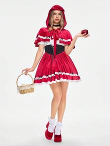 ROMWE Avant Damen Cosplay Rotkäppchen Umhang, Spitzen-Patchwork Kontrast-Farbig Off-Shoulder Ballonkleid 2-teiliges Set - Bordeaux - Übersicht 1