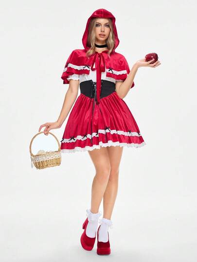 ROMWE Avant Ensemble de 2 pièces pour femme : Cape de Petit Chaperon Rouge pour Cosplay, Robe à épaules dénudées avec patchwork de dentelle et contraste de couleurs