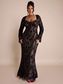 SHEIN BAE Plus Size Women's Black Jacquard Formal Evening Dress,Elegant Autumn Long Sleeve Corset Dress For Party & ,Halloween Birthday Concert Outfits - Black - View 7