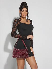 SHEIN SXY 女士、女式单肩包、流浪包、晚装包、红酒包、时尚、奢华、亮片、适合鸡尾酒会、派对、舞会、俱乐部、约会、生日、晚会、约会之夜、宴会、万圣节、圣诞节 - 酒紅色 - 查看 6