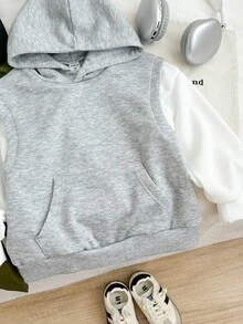 Genkimix Kids 2 件套 Genkimix 儿童年轻男孩灰色拼布白袖连帽运动衫和军绿色工装裤，柔软羊毛面料，舒适，适合秋冬季外出、上学、休闲穿着 - 軍綠色 - 查看 2