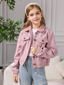 Tween Girl Solid Color Front Button Casual Long Sleeve Jacket Fall Winter - Pink - View 4