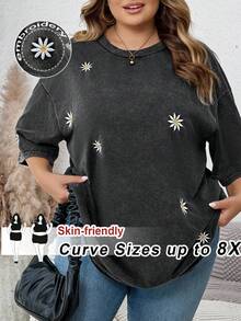 SHEIN CURVE+ 女式加大码圆领短袖宽松T恤，带水洗雪花和刺绣 - 黑色 - 查看 5