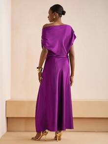 Zivah 2025 Autumn New Music Festival, Easter, St. Patrick's Day, Western, Nomadic, Birthday Party, Graduation, College Style, Student Wear, Daily Casual, All-Match Versatile, Leisure, Vacation, Cruise Travel, Beach, Sunbathing, Viral , Streetwear, Wedding Guest Boho, Commute, Brunch, Airport, Party & Holiday Outfits, Asymmetric Shoulder Long Satin Shiny Purple Dress - Purple - View 2