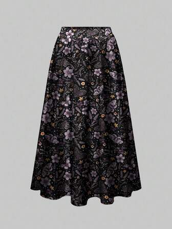 Gothic Dark Floral Print Loose Fit Plus Size A-Line Skirt