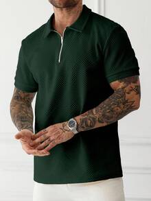 Manfinity Homme 男式纯色拉链短袖 Polo 衫 - 墨綠色 - 查看 4