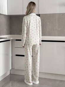 Set pigiama da donna in cotone, 2 pezzi, con motivo a cuori e dettaglio con bottoni sulla parte anteriore, comodo abbigliamento da casa per signore