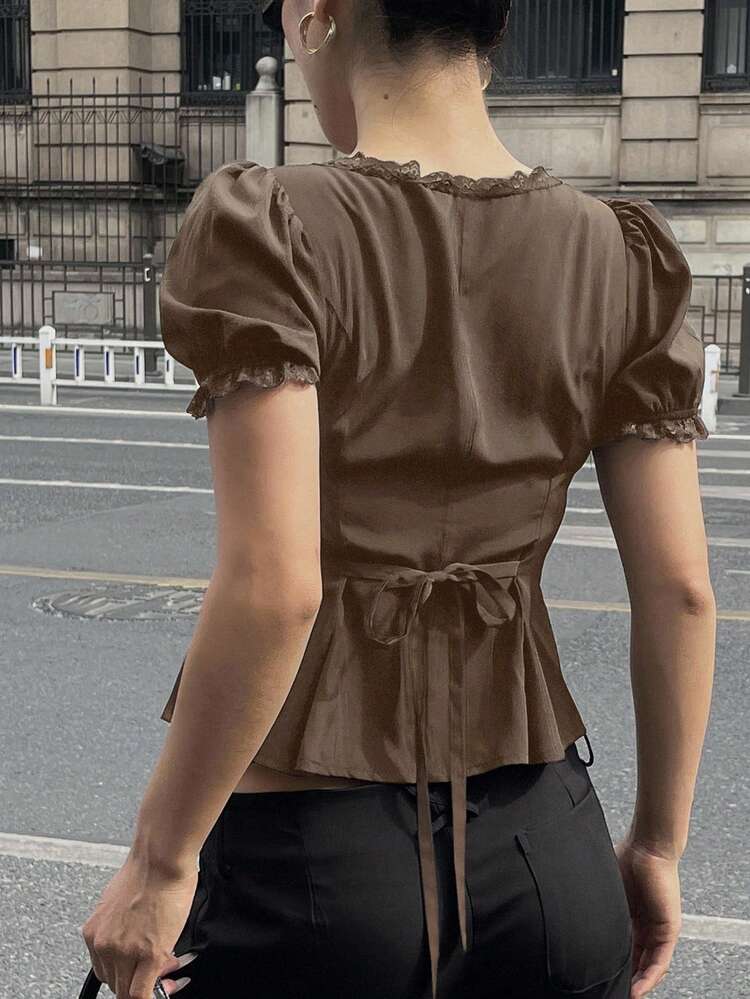 Women's Summer Lace Patchwork V-Neck Puff Sleeve Blouse