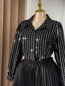 SHEIN Clasi Women's Black Long Sleeve Rhinestone Embellished Shirt - Black - View 4