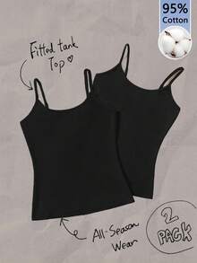 Tseoso 2 件套休闲修身女式吊带背心，95% 纯棉，适合夏季，复古，可爱夏季上衣，柔软女孩，夏季外出单品，居家，返校，秋季女装，百搭 - 黑色 - 查看 9