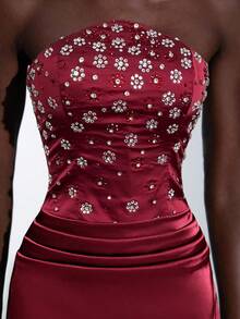 Elitara Elegante vestido largo de sirena con cintura fruncida, con adornos de strass hechos a mano y sin tirantes, adecuado para citas, vacaciones, bodas y eventos formales - Burdeos - Ver 1